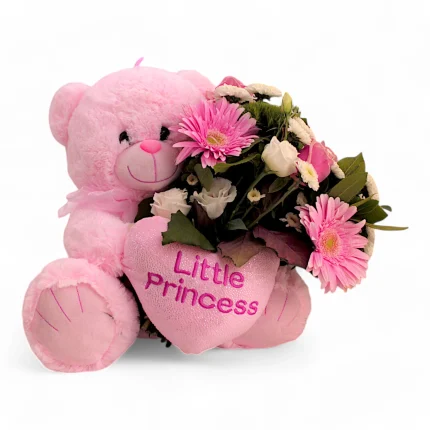 Λούτρινο αρκουδάκι ροζ με μπουκέτο λουλούδια.