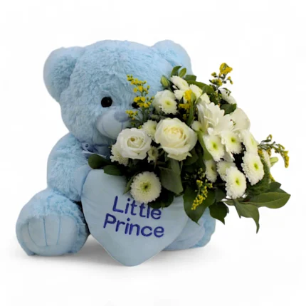 Λούτρινο γαλάζιο αρκουδάκι με μπουκέτο λουλούδια.