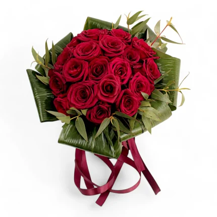 Μπουκέτο με 20 κόκκινα τριαντάφυλλα με γυριστά φύλλα (30-35cm).